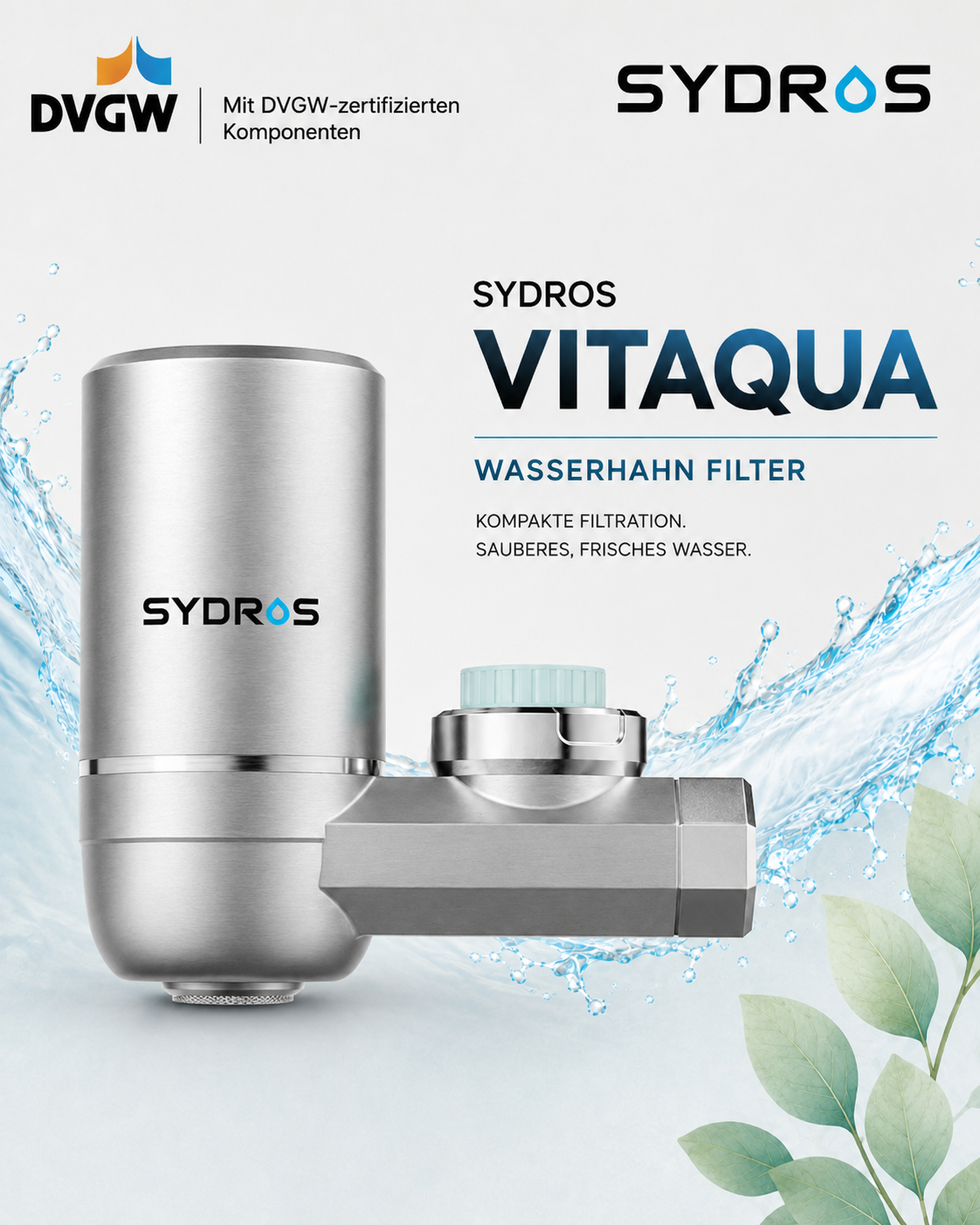 SYDROS VITAQUA Wasserhahnfilter mit DVGW-zertifizierten Komponenten für kompakte Filtration und sauberes Trinkwasser