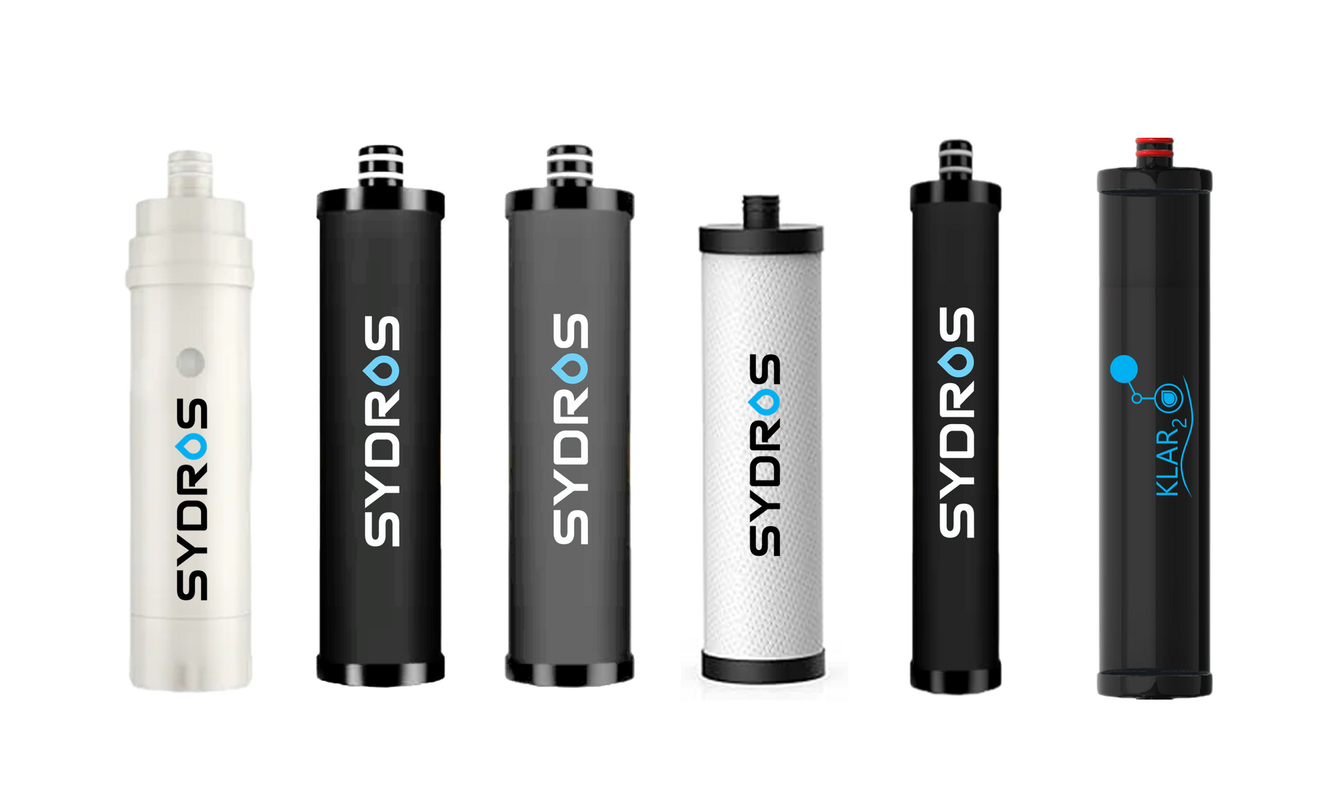 Verschiedene SYDROS Wasserfilterkartuschen und Klar2O Filtermodule in Reihe dargestellt, inklusive Vorfilter, Aktivkohlefilter und Spezialfilter